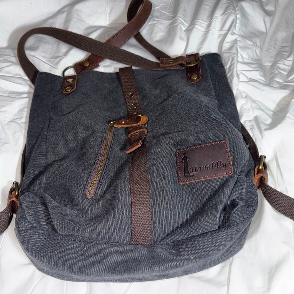 Hanalilly Canvas Leather Convertible Backpack Tote Bag Gray Brown Vintage Style